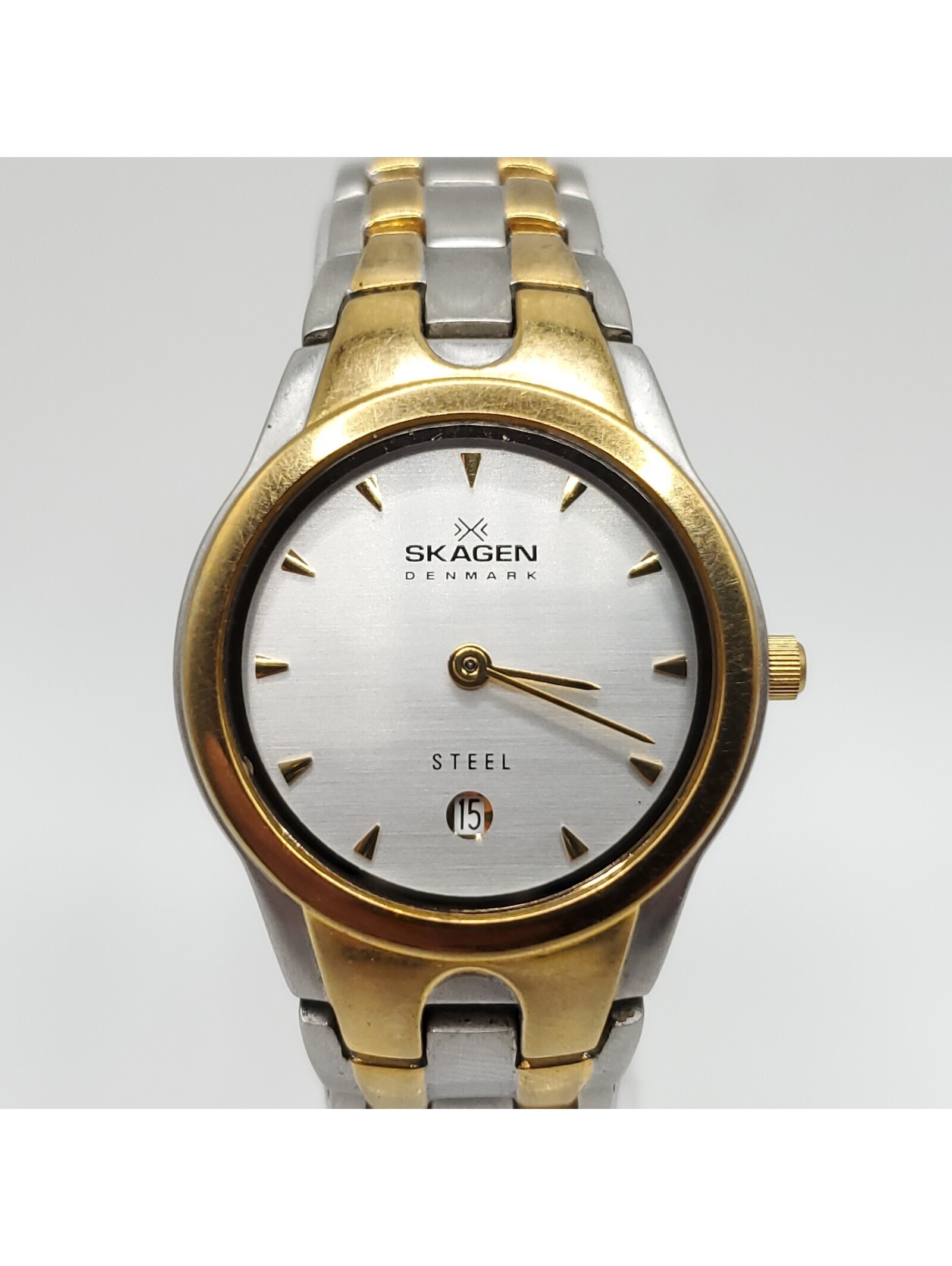 Skagen Steel Womens Watch 26mm New Battery Working Date Dial TwoTone